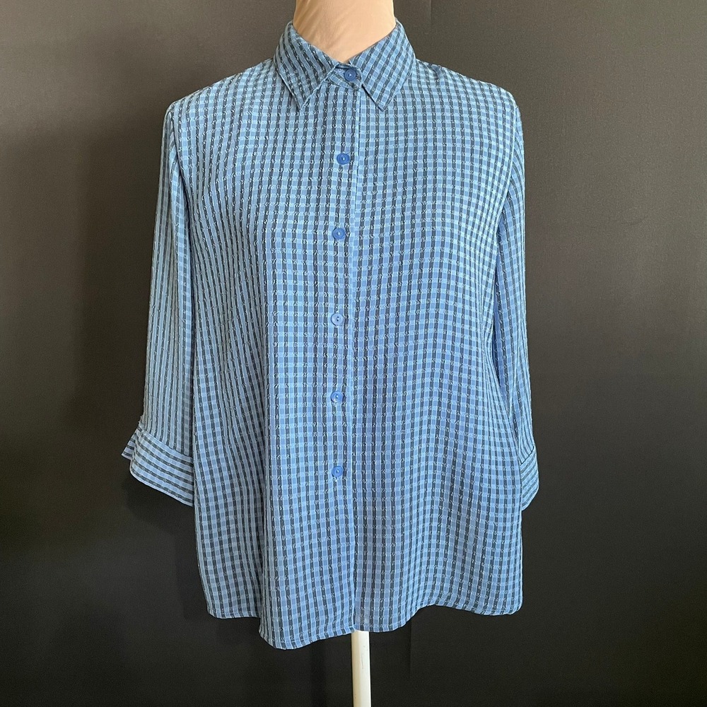 Joanna Button Down Shirt Womens Medium Blue Good Gingham Textured 3/4 Sleeve